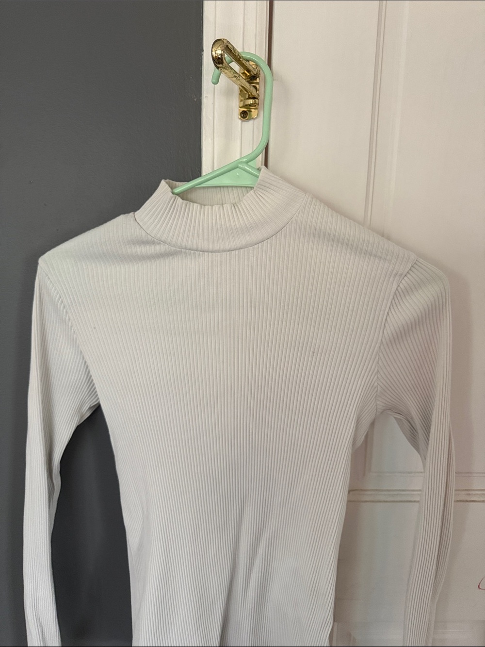 White Ribbed Mock Neck Long-Sleeve Top